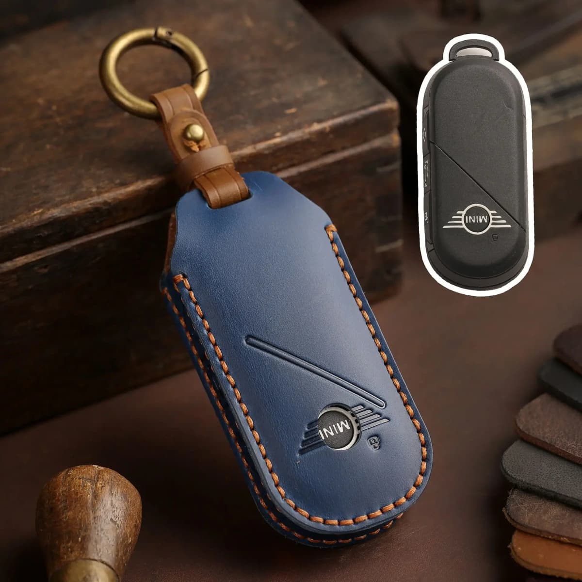 Leather Car Fob Key Case Cover Protector for Bmw Mini Countryman Cooper One 2023 2024 Remote Accessories Holder Shell Keychain — view 5