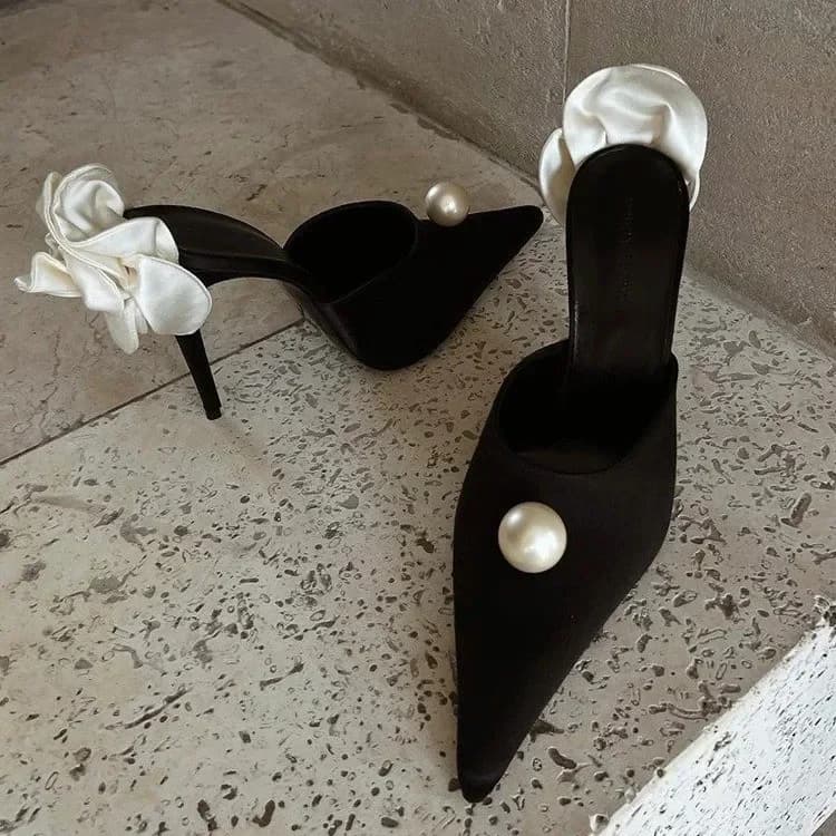 Black Satin High Heels Slippers New Spring and Summer Pearl High Heels Stiletto Heels Women's Stiletto Party White Rose Sandals — view 3