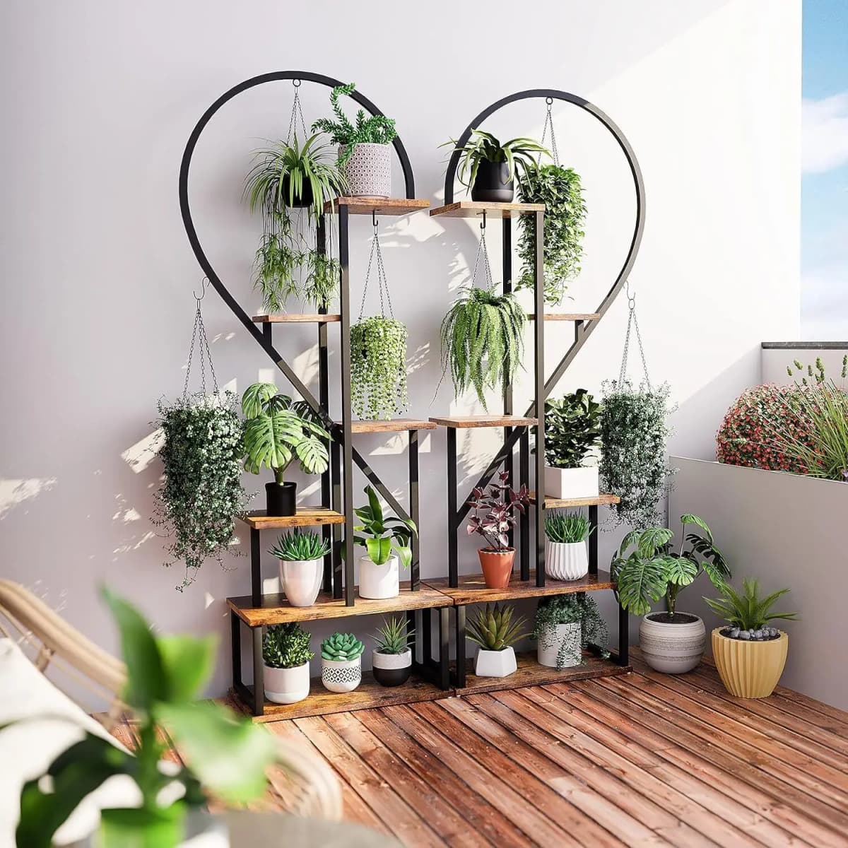 6 Tier Heart Shaped Plant Stand, Wood & Metal Flower Rack for Plants Display, Storage Shelf for Garden, Balcony, Living Room — view 6