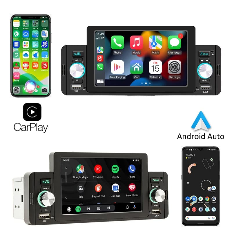 1 Din 5" Car Radio Apple CarPlay Android Auto, Hands-Free Bluetooth 5.1, Reversing Camera Input USB/FM/MP5 Player Headunit F160C — view 4