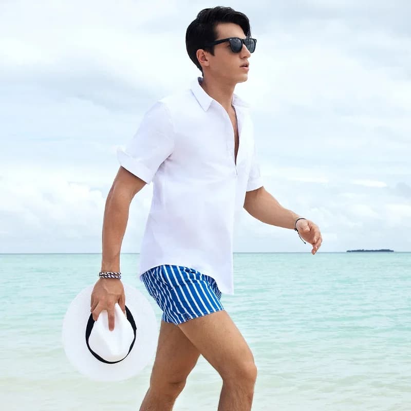 Gailang Beach Pants Men's Beach Vacation White Striped Shorts Hot Spring Swimming Pants with Inner Lining — view 4