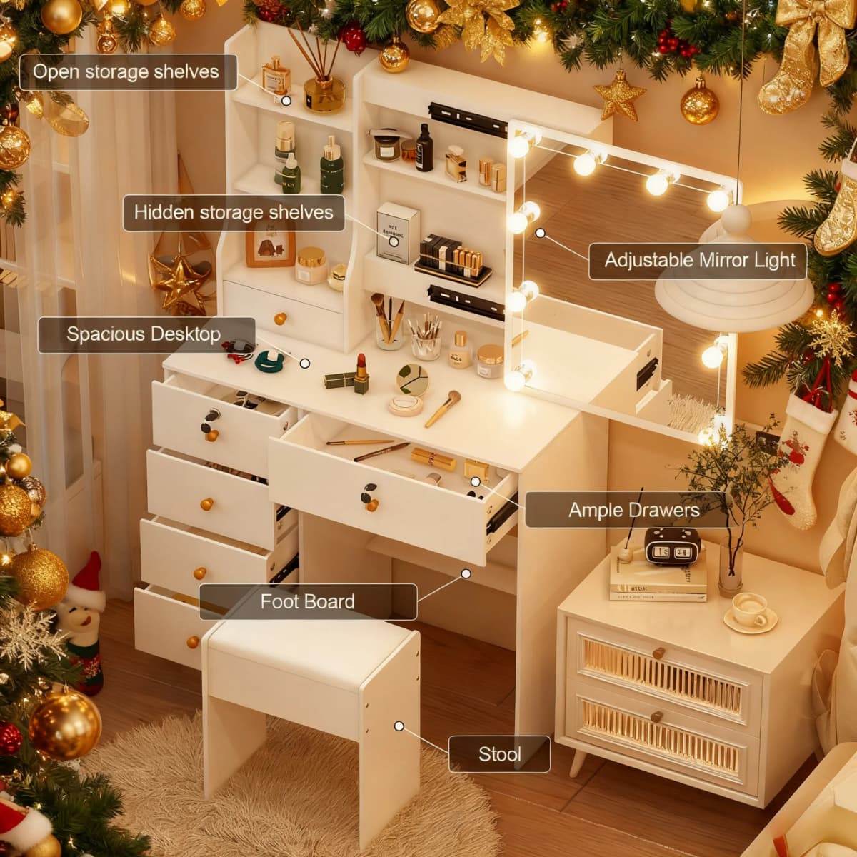 Teousev 10 LED Lighted Vanity Set with Mirror & Stool, 3 Color Modes, 7 Drawers Storage, Easy Install Makeup Dressing Table — view 5