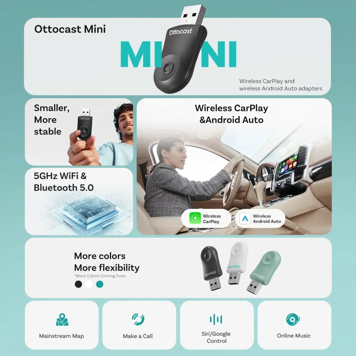OTTOCAST MINI 2 in 1 Wired to Wireless CarPlay Android Auto Adapter USB Stick Wifi Car Accessories for VW Benz Audi Kia Toyota — view 3