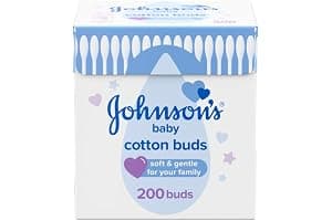 Johnson's Baby Cotton Buds (1 x Pack of 200) Soft & Gentle Ear Buds for Delicate Skin, Made of 100% Pure Cotton and Paper Sticks, Plastic-Free to Clean Delicate Areas, Around Eyes and Outer Ear