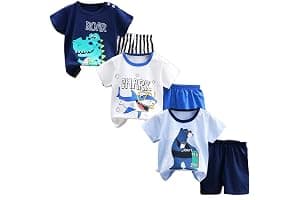 XM-Amigo Bebé Niños Conjunto de 3 Juegos de Manga Corta y Pantalones Cortos de Media Manga, Paquete de 6 (con/sin Hebilla para el Hombro)