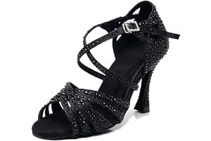 MGM-Joymod Sandalias de baile moderno latino con correa cruzada para mujer, con diamantes de imitación de tango social, bailes, Tacón marrón de 9 cm.