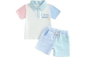 JENJON Conjunto Ropa para Niños Pequeños Manga Corta con Cuello Vuelto Camiseta Polo Lisa/Estampada y Pantalones Cortos 2 Piezas Chándal Traje para Verano