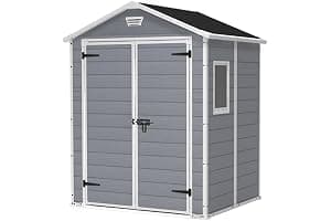 Keter Manor 6X5 - Caseta de jardín, 185x152x226 cm y 2,5m2, Suelo, Sistema de ventilación, Puerta y Ventana, Resistente al Agua, Color Gris