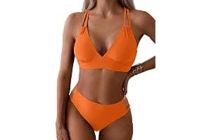 Joligiao Mujer Bikini Sexy Traje de Baño 2 Piezas Cuello en V Bikinis Brasileño con Triángulo Bañadores Bikini Top y Braga Cintura Alta Conjunto de Bikinis Playa