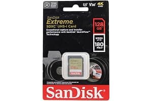 SanDisk 128GB Extreme SDXC card, SD card up to 180MB/s, V30 Memory card, UHS-I, Class, 10, U3, V30, RescuePro Deluxe data recovery software.