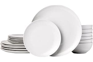 Amazon Basics Vajilla, 6 servicios, Paquete de 18, Porcelana blanca lisa