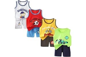 XM-Amigo Conjunto de Chaleco sin Mangas y Pantalones Cortos para Bebé Niño Niña 8 Piezas 4 Diseños Algodón Estampado de Dibujos Animados 3 Meses-7 Años