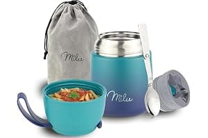 Milu Termo para Comida 450 ml Taza Aislada, Botella de Acero Inoxidable Aislada Alimentos, Beber y sopa de los niños de adultos Térmico (450ml/Verde Azul)