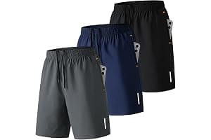 SHAGGA Paquete de 3 pantalones cortos de gimnasio para hombre, ligeros, de secado rápido, entrepierna corta, 7 con bolsillos con cremallera para correr, fitness y joggers