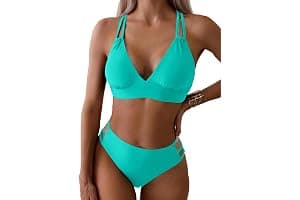 Joligiao Mujer Bikini Sexy Traje de Baño 2 Piezas Cuello en V Bikinis Brasileño con Triángulo Bañadores Bikini Top y Braga Cintura Alta Conjunto de Bikinis Playa