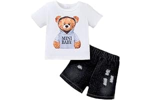 JENJON Ropa de Pequeños Bebé Niño Manga Corta Estampado Bonito Top+ Pantalones Cortos Vaqueros Rotos 2Pcs Conjunto Informal de Primavera y Verano