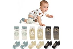 AOOTE Juego de 3 pares de rodilleras para bebés y 3 pares de calcetines para gatear, con puntos de goma, para niños y niñas