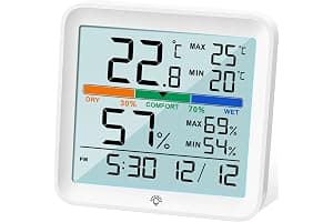 NOKLEAD Higrómetro Termómetro para interiores - Medidor digital de humedad de la habitación Medidor de monitor de temperatura preciso Registros máximos/mínimos, LCD táctil con reloj retroiluminado
