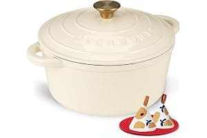 Overmont Olla de Hierro Fundido Esmaltado - Cacerola Holandesa Redonda Ø26 CM con Tapa - Dutch Oven Antiadherente para Guisar Cocinar Hornear - Cazuela Aptas para Inducción - 5,2L Blanco
