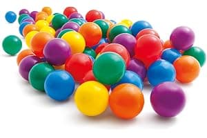 Intex Pack 100 Bolas Infantiles, Diámetro 6,5 cm, 6 Colores Surtidos, Plástico Resistente, Juego sensorial y motriz, Uso Interior y Exterior, Incluye Bolsa con asa, A Partir de 2 años (49602)