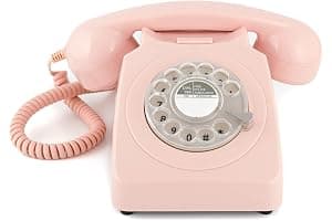 GPO 746 Teléfono fijo de disco con estilo retro de los años 70, cable en espiral y timbre auténtico - Rosa clavel