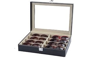 KingSaid Caja Organizadora de Gafas con Tapa de Cristal y Cajones – Estuche Expositor de Gafas de Sol y Joyas, Cuero Sintético Premium, Gran Capacidad, para Hombre y Mujer (Una planta)
