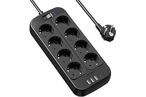 JSVER Regleta Enchufes USB, Proteccion Sobretension con 8 Toma de Corriente y 4 Puertos(5V3,4A) Estación de Carga Inteligente Tomas Alargadora con Cable 1.8m-Negro