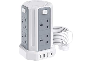 Tower Extension Lead 3M (3250W 13A) Extension Tower 8 AC Outlets & 4 USB Ports, Surge Protection Extension Lead with 4 Independent Switch, 17W USB C Ports Extension Cable 3M for Office, Home, Kitchen