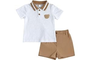 LUVCES Conjunto Verano Ropa para Bebé Niño Lindo Polo con Estampado de Oso + Cintura Elástica Pantalones Cortos y Bolsillos 2 Piezas Trajes de Primavera