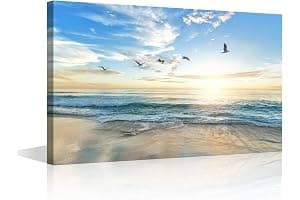 Wall Art for Living Room Beach Canvas Art Wall Decor Blue Sea Sunset Pictures Print on Canvas Natural Landscape Painting Seascape Artwork Stretched Framed Ready to Hang 12x18inch