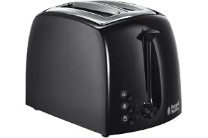 Russell Hobbs Textures 2 Slice Toaster (Extra Wide Slots, 6 Browning levels, Frozen, cancel & reheat function with indicator lights, Removable crumb tray, 850W, Black matt & high gloss finish) 21641