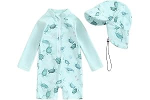 JENJON Traje de Baño de Una Pieza de Manga Larga para Bebé Niños Estampado con Cremallera Piscina Rashguard con Sombrero 2Pcs Infantil Ropa de Playa 6M-3 Años