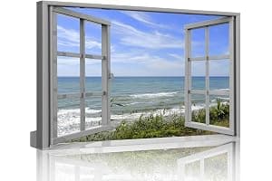 TISHIRON Canvas Wall Art 3D Window View Summertime Art Beach Seaside Picture for Home Office Bathroom Bedroom Stretched Giclee Framed Print Ready to Hang 16x24inch