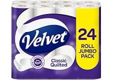 Velvet Classic Quilted Toilet Tissue 24 Rolls - Luxuriously Soft, Strong and Absorbent Toilet Roll - Jumbo Bulk Pack 24 Rolls - 3-ply - White