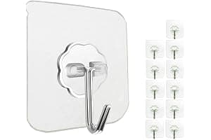 Jiaweixiang 12 Pack Heavy Duty Sticky Wall Hooks - 33lb Max, Transparent, Waterproof, Self Adhesive Hooks for Keys, Bathroom,
