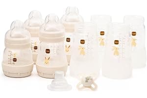 MAM Easy Start Anti-Colic Bottle Starter Set | Includes 4X Feeding Bottles and MAM Original Start 0-2 Month Soother | Self-Sterilising | Baby Gift Set of Newborn Essentials | White (Various Designs)