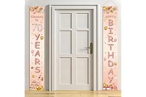 Happy 70th Birthday Door Banner, 70th Birthday Decorations Banner for Her, Rose Gold 70 Banners Porch Sign for Birthday Party Indoor Outdoor Decoration