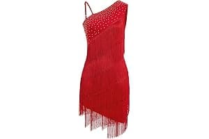 EFOGEP Vestido de baile latino asimétrico con flecos de diamantes de imitación de un hombro para mujer, vestido de baile latino de los años 20, con lentejuelas, borlas, vestido de salsa, cha-cha