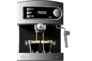 Cecotec Cafetera Express Manual Power Espresso 20. 850W, Presión 20 Bares, Depósito de 1,6L, Brazo Doble Salida, Vaporizador, Superficie Calientatazas, Acabados en Acero Inoxidable
