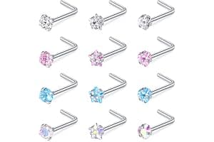 WillTen 20G Nose Studs L Shape Women Nose Studs Colorful Diamond CZ Silver Stainless Steel Heart Start Piercing Jewelry