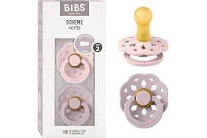BIBS Boheme Soother 2-Pack. BPA Free. Round Nipple. Natural Rubber Latex, Made in Denmark. Size 2 (6-18 Months), Blossom/Dusky Lilac