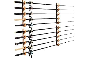 tonhui 2 Piezas Soporte Cañas Pescar Pared y Techo, Organizador Cañas Pescar Horizontal con Goma PU Suave, Porta Cañas de Pescar Garage para 10 Cañas, Estante Antiarañazos (Negro/Amarillo)