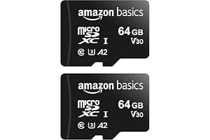 Amazon Basics Tarjeta de memoria microSDXC con adaptador de tamaño completo, A2, U3, velocidad de lectura de hasta 100 MB/s, 64 GB, negra (paquete de 2)