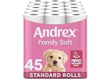 Andrex Family Soft Toilet Roll - 45 Toilet Rolls, 2-Ply, Bulk Buy, Fragrance Free, FSC Certified