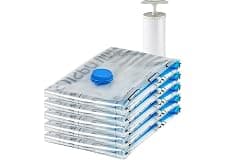 Amazon Basics Vacuum Compression Zipper Storage Bags with Airtight Valve and Hand Pump, Large, 5-Pack, Clear