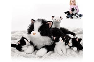 MorisMos Cat Teddy with Kitten Babies inside, Lifelike Cuddly Kitty Stuffed Animal Plush Soft Toys, Kawaii Presents for Kids Girls Boys Birthday Party Decoration (White and Black 50cm)