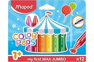 Maped Ceras de Colores Wax Jumbo, Set de 12 Crayones para Niños, Tacto Suave y Compacto con Funda de Papel para No Manchar, Colores Vibrantes y Resistentes