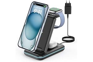 JoyGeek Cargador Inalámbrica, Plegable 3 en 1 Base Cargador para i Phone 17/16/15/14/13/12/Plus/Pro MAX, Estación de Carga para AppleWatch Ultra-2, Rapida Wireless Charger para AirPods 4/Pro/3/2-Negro
