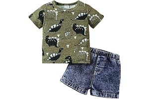 JENJON Ropa de Pequeños Bebé Niño Manga Corta Estampado Bonito Top+ Pantalones Cortos Vaqueros Rotos 2Pcs Conjunto Informal de Primavera y Verano