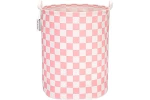 Sea Team 19.7 Inch Large Sized Waterproof Coating Ramie Cotton Fabric Folding Laundry Hamper Bucket Cylindric Burlap Canvas Storage Basket with Stylish Grid Pink Design